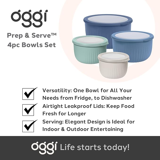 Oggi Set of 4 Prep, Store & Serve Plastic Bowls - w/See-Thru Lids- Dishwasher, Microwave & Freezer Safe, (0.7, 1.4, 2.6, 4 Quarts) - Multicolor