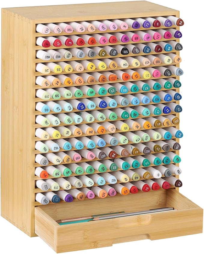 AUTOARK Natural Bamboo Marker Organizer with Drawer,182 Slots,Large Art Supply Storage for Artists,Teachers,Students - No Assembly Sturdy Desk Organizer for Classroom Office Decor,AHK-065