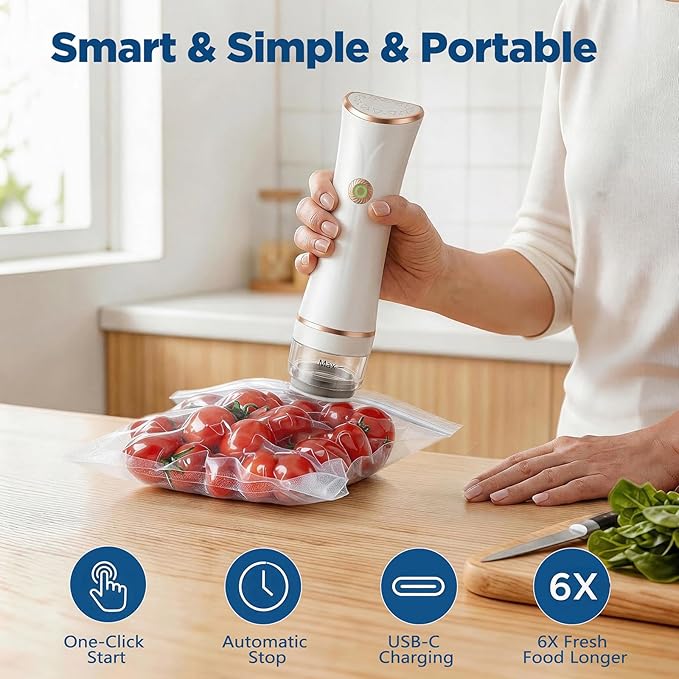 Compact Vacuum Sealer for Food with Visible Tank, Handheld Vacuum Sealer Machine, Includes 30 Reusable Bags, Seal Food 6X Fresh Longer, Wireless & Portable, Suitable for Kitchen and Travel, White