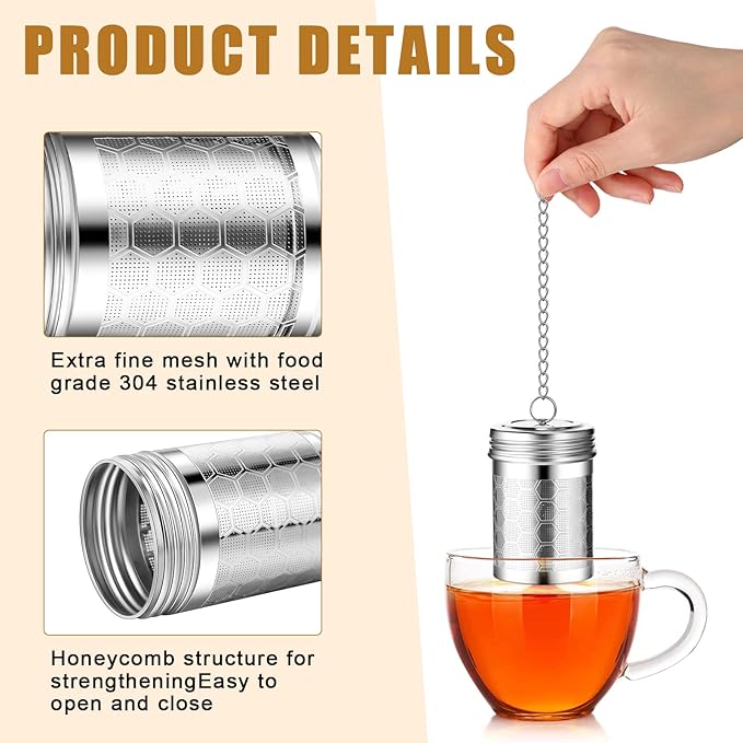 Umigy 4 Pcs Tea Infuser Strainers for Loose Tea with Scoop, Extra Fine Mesh Steeper 304 Stainless Steel Diffuser Leaf Holder with Extended Chain Hook for Brew, Spices, Seasoning, Silver