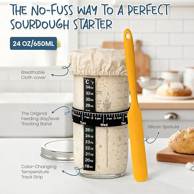 Sourdough Starter Kit, Banneton Bread Proofing Basket Set with 24oz Starter Jar, Sourdough Bread Baking Supplies with 9'' Round Banneton Baskets, Bread Making Baking Tools Gifts for Bakers