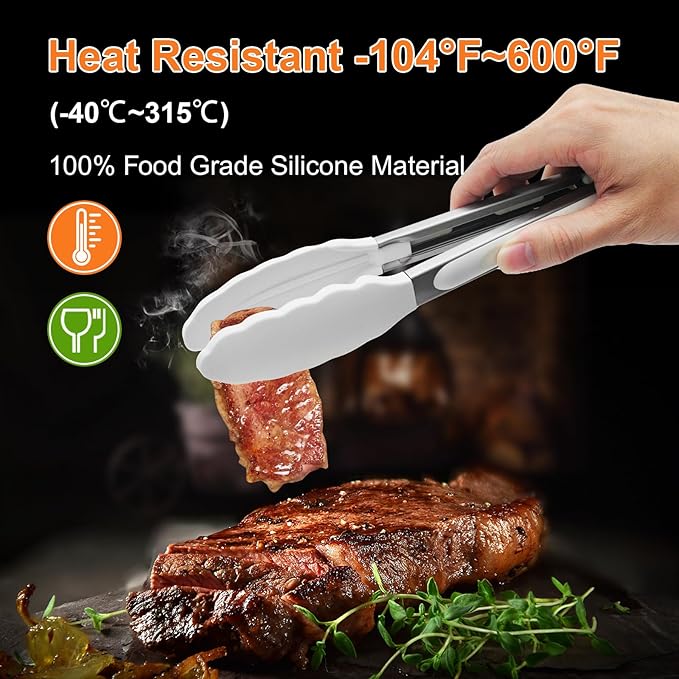 Premium Stainless Steel Heat Resistant Kitchen Tongs for cooking,set of 9" and 12" (White),Non Scratch Silicone cooking Tong Tip for Cooking Pans,Strong Grip BBQ tongs for Grabbing Hot Food