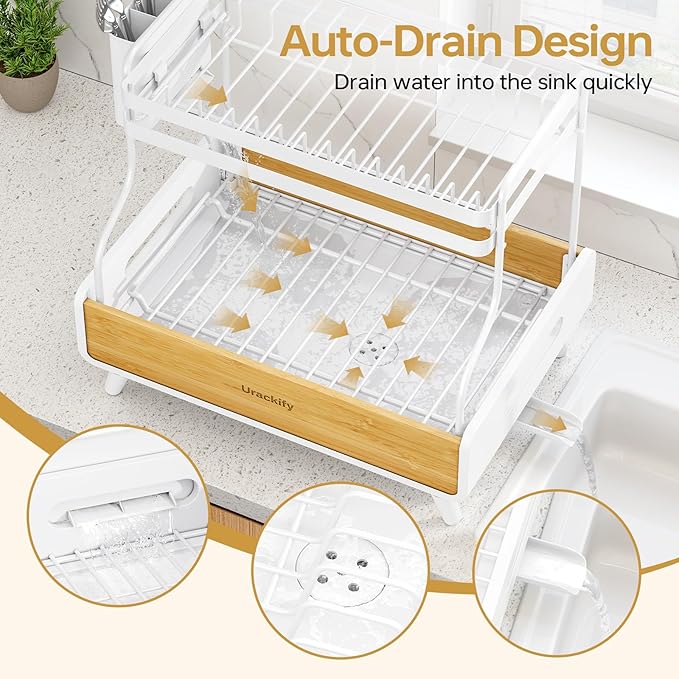 Urackify 2-Tier Dish Drying Rack, Large Stainless Steel & Bamboo Dish Rack for Kitchen Counter, Dish Drainers with Adjustable Automatic Spout, Drying Rack Kitchen with Utensil Holder, White