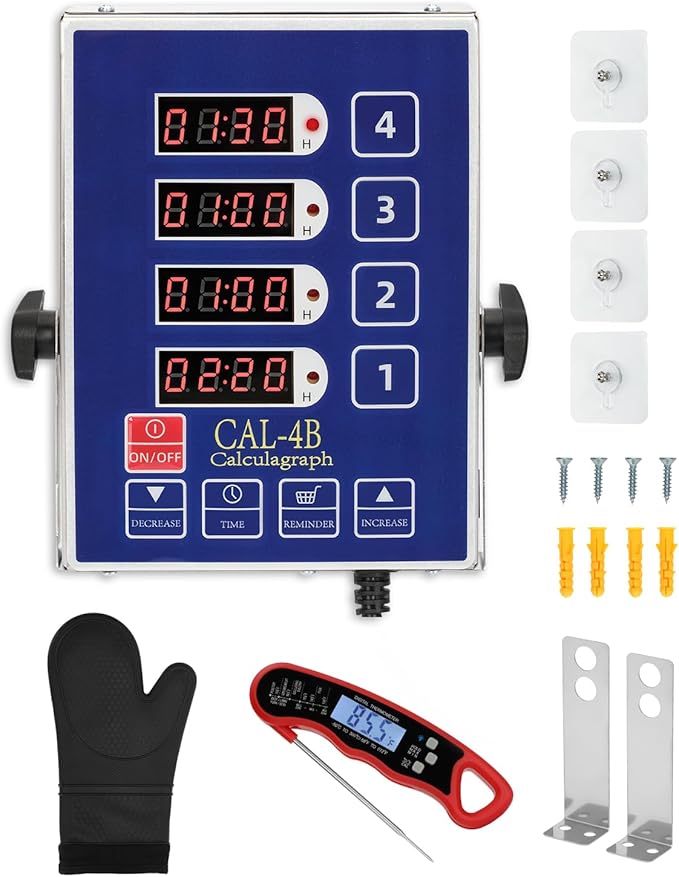 Commercial Kitchen Timers for Cooking, 4-Channel Timer for Commercial Kitchens, Heavy-Duty Loud Alarm Timer for Restaurants, Stainless Steel, LED Technology
