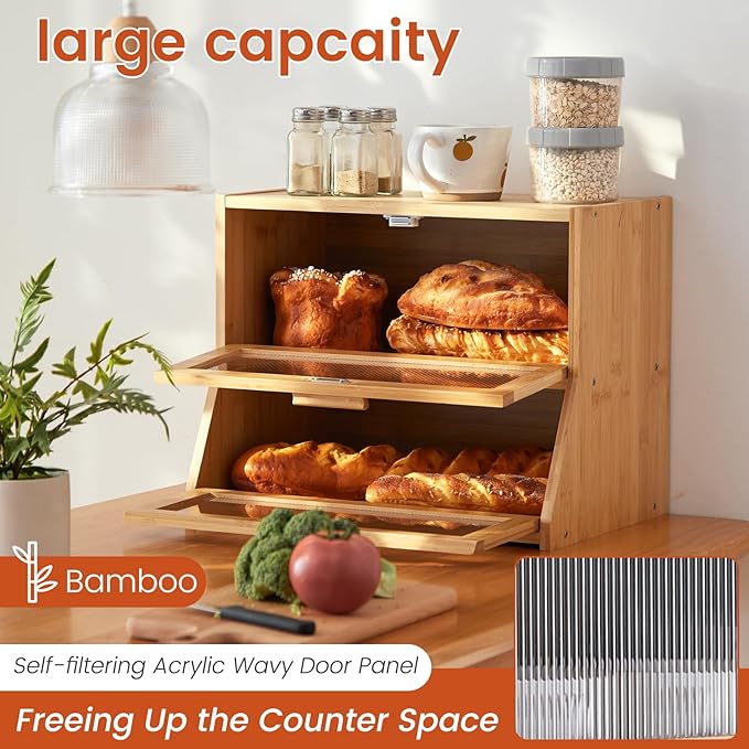 GHWIE Double Layer Bamboo Bread Box for Kitchen Counter,Large Capacity Bread Storage Bin,Bread Container with Acrylic Wavy Door Panel (Natural, Medium)