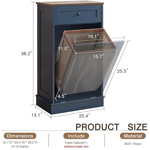KIGOTY Tilt Out Trash Can Cabinet Trash Bin Cabinet with Hideaway Drawer Hidden Wooden Kitchen Garbage Can, Pet Proof Trash Can Holder for Kitchen (Blue-Brown)