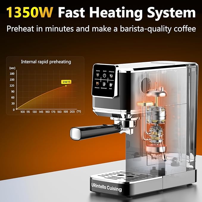 Espresso Machine 20 Bar,Touch Screen Espresso Maker with Steam Milk Frother,Compact Stainless Steel Coffee Machine for Cappuccino Latte Americano Espresso Cool,Gift for Coffee Lovers,Black