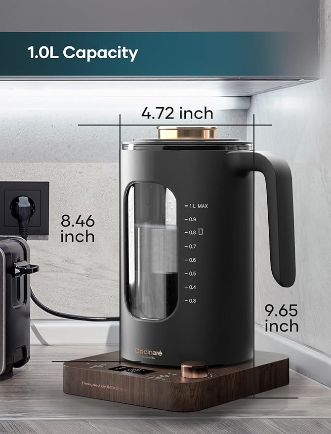 INTASTING Electric Tea Kettle, Electric Kettle with Tea Infuser, ±1℉ Knob Temperature Control, BPA-Free Glass, 1200W Fast Heating, Easy to Clean, 1 Liter (Wood)