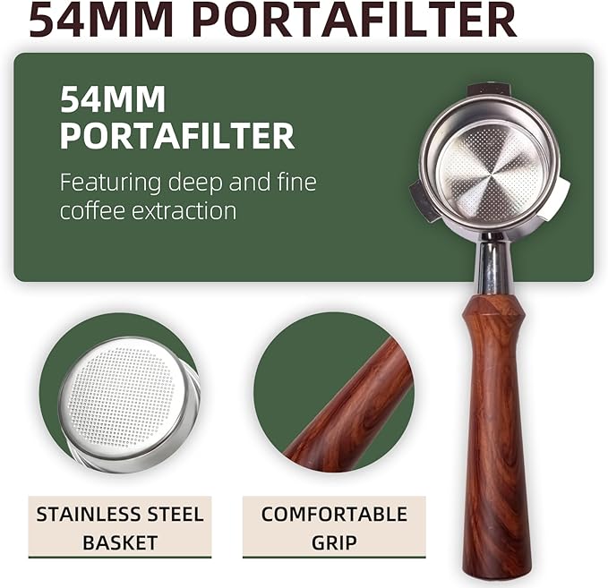 54mm Bottomless Portafilter for Breville Barista Express/Pro/Touch/Bambino18-21g Precision Basket, Stainless Steel 304 Filter Basket, Naked Portafilter for Espresso Extraction(54mm Walnut)