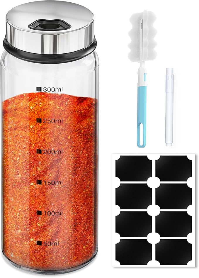 Segarty 10oz Glass Spice Jar with Adjustable Pour Holes Scale Lines, 1 Pack Empty Seasoning Bottle with Shaker Lid for Pepper Sugar, Large Spices Container with 8 Stickers, 1 Brush and 1 Chalk Marker