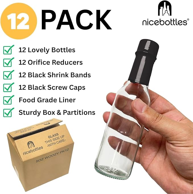 Hot Sauce Bottles with Shrink Bands, 5 Oz (Black Cap, 12 Pack)