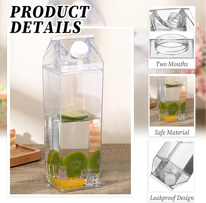 Remerry 3 Pcs Milk Carton Water Bottle Square Plastic Coffee Portable Reusable Milk Carton Cup Leakproof Juice Bottle