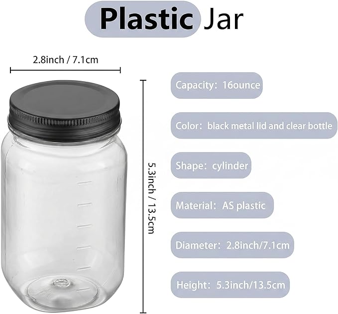novelinks 16 oz Clear Plastic Jars with Lids, Refillable 16oz Mason Jars with Lids & Storage Containers for Kitchen & Household Use (5 Pack,Black)