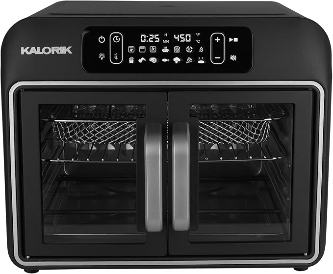 Kalorik Air Fryer Convection Oven Designer Series 26-Quart with Dual Speed Fan Easy Pull French Doors and 14 Smart Cooking Presets, Includes 5 Cooking Accessories, 1700-Watts, Black
