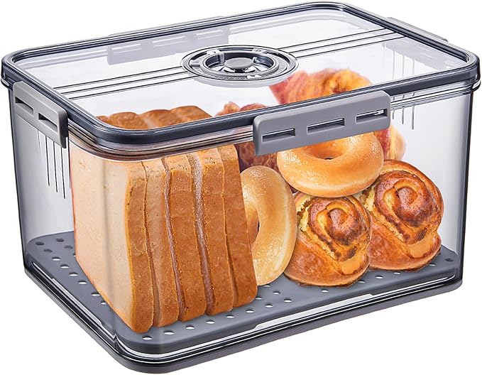 Gifhomfix Bread Box Bread Boxes for Kitchen Counter Airtight, Time Recording Bread Storage Container with Lid, Bread Keeper for Homemade Bread, Toast, Bagel, Donut and Cookies, LARGE Grey