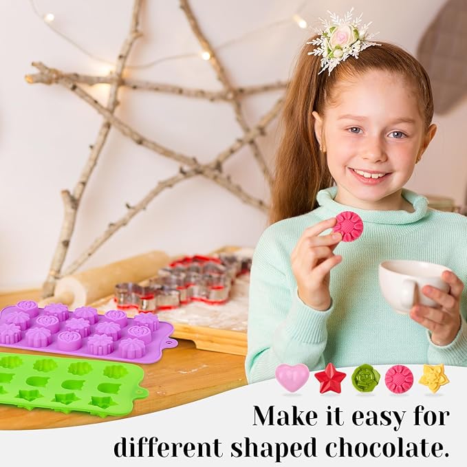 6 Pcs Flower Silicone Chocolate Molds Set, 15-Cavity Rose Heart Star Candy Mold Different Shapes Silicone Molds for Chocolate, Candy, Ice Cube, Butter, Jello