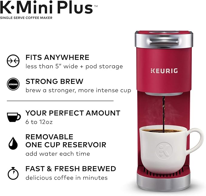 Keurig K-Mini Plus Maker Single Serve K-Cup Pod Coffee Brewer, Comes with 6 to 12 Oz. Brew Size, Storage, and Travel Mug Friendly, Cardinal Red (Renewed)