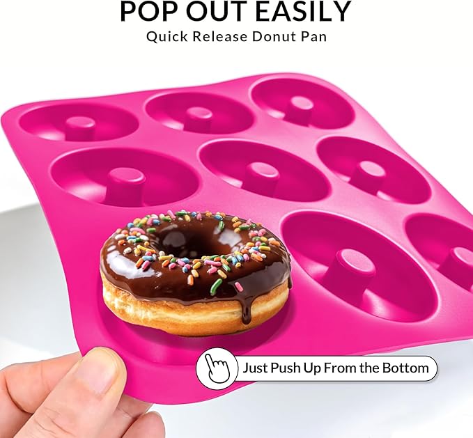 Large Silicone Donut Pan for Baking, 9 Cavity Non-Stick Food Grade Silicone Donut Molds, Doughnut Pan and Bagel Pans for Baking & Kitchen, BPA Free 11.2 x 11.1 Inches, Dishwasher Safe - Hot Pink