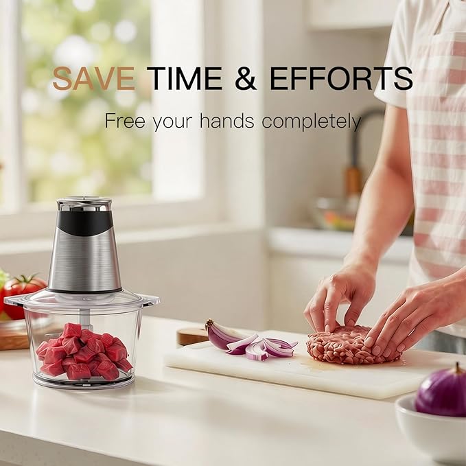 MEGAWISE Electric Food Chopper 800W, Dual-Speed Meat Grinder with1.2L 304# Stainless Steel Bowl & 2.2L Glass Bowl, BPA-Free Food Processor for Meat, Vegetables, and Nuts