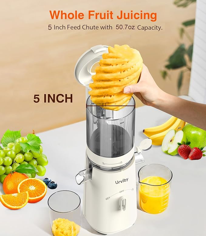 Juicer Machines, 2-in-1 Cold Press Juicer for Juice & Sorbet, suit for Vegetable and Fruit with 5-Inch Wide Chute, Powerful Masticating/High-Yield High Nutrients/Rev Mode/Easier Clean (Off-white)