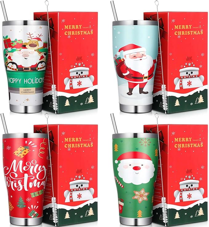 Mifoci 4 Pcs 30 oz Christmas Tumbler with Lid and Straw Stainless Steel Christmas Mug Double Insulated Cup Insulated Coffee Tumbler with Straw Brush for Holiday Coworkers Women Gifts(Style 2)