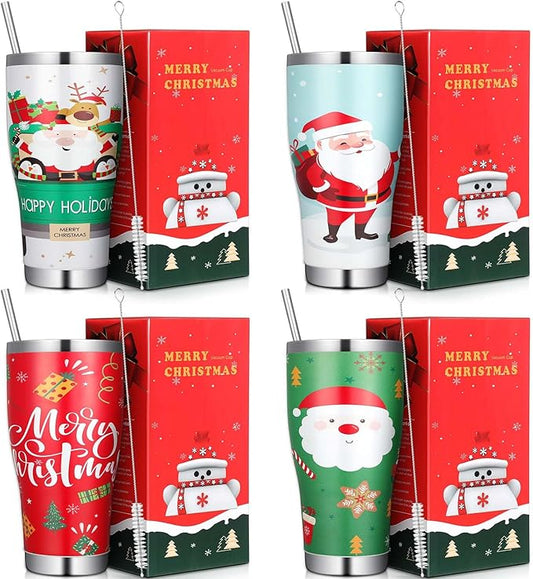 Mifoci 4 Pcs 30 oz Christmas Tumbler with Lid and Straw Stainless Steel Christmas Mug Double Insulated Cup Insulated Coffee Tumbler with Straw Brush for Holiday Coworkers Women Gifts(Style 2)