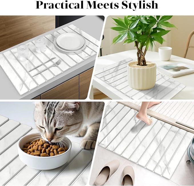 Large Stone Dish Drying Mats for Kitchen Counter, 28"×16" Marble-Pattern, Fast Drying Collapsible Dish Drying Mat, Eco-Friendly Absorbent Diatomaceous Earth Mats for Dishes Bottles, Match Countertop