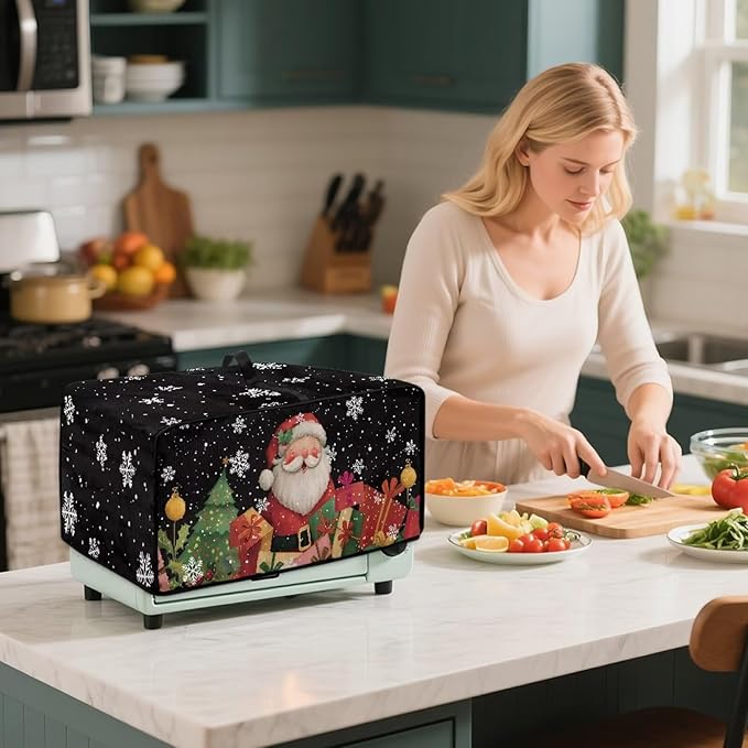 Toaster Oven Cover Dust-Proof Countertop Convection Oven Cover Protective Smart Microwave Oven Accessories and Decor, L, Santa Claus Snowflake Black Christmas Decor