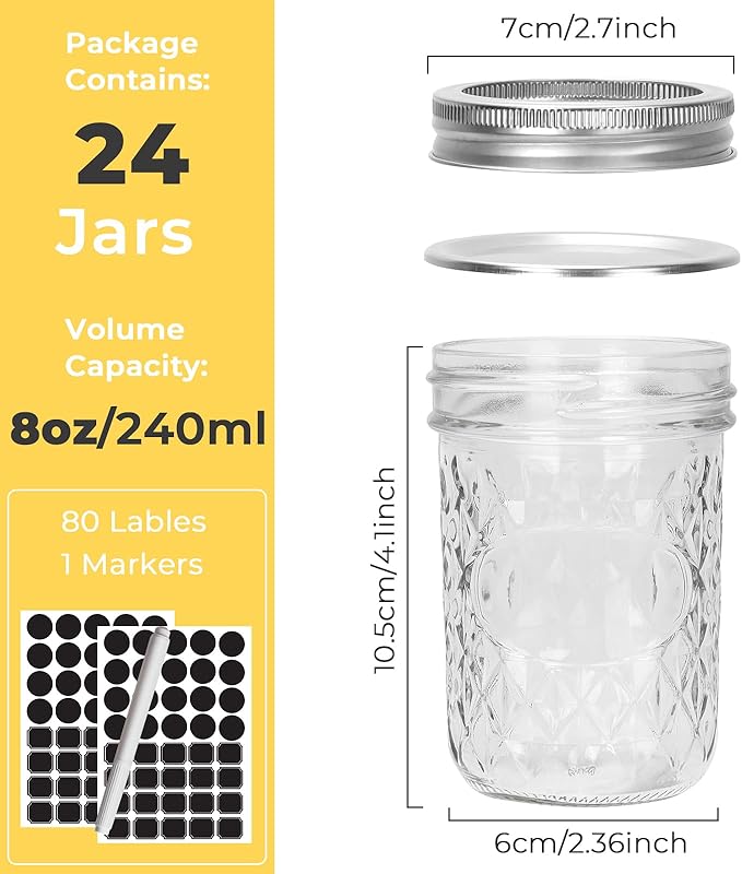 CycleMore Mason Jars 8 oz, 24 Pack Canning Jars with Airtight Lids and Bands, Half Pint Canisters Ideal for Fermenting, Jam, Honey, Pickling, Wedding/Shower Favors, DIY Decors
