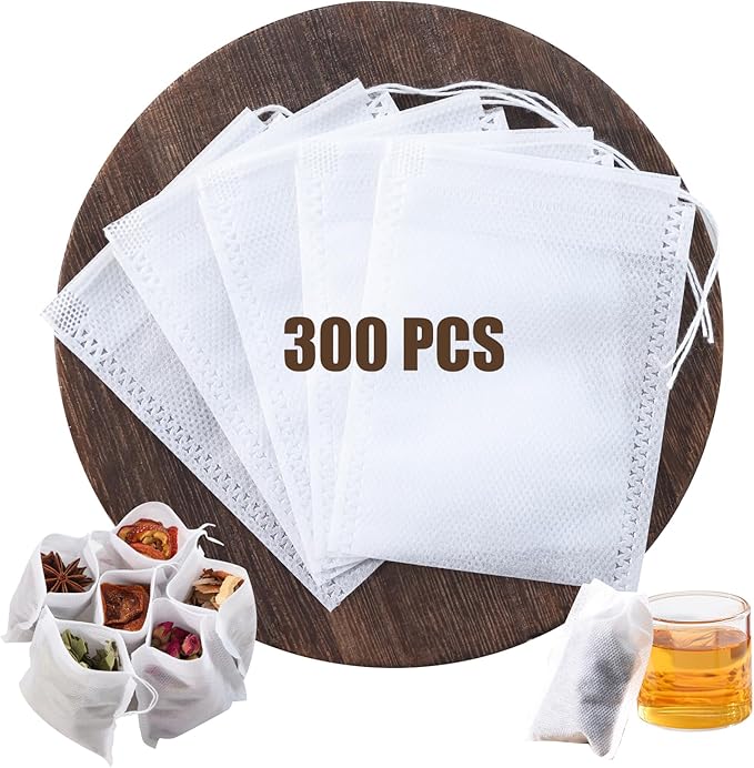 300 PCS Disposable Tea Bags for Loose Leaf Tea, Empty Tea Filter Bags with Drawstring, Fillable Tea Infuser Sachets Suitable for Coffee, Loose Tea, Spice, Herb and More (3.54 x 2.75 inches)