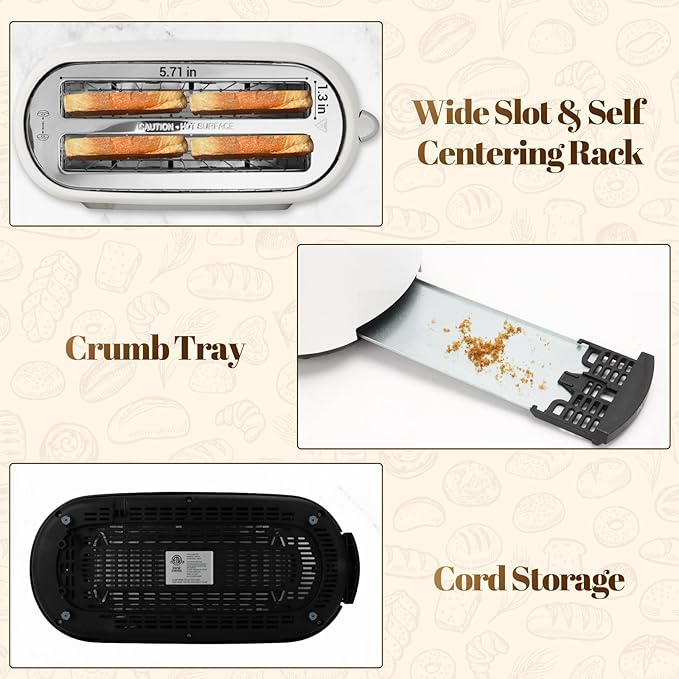 Tesslux 4 Slice Toaster with Touch Screen Control, 1.5" Wide Long Slots, 6 Browning Levels & 6 Bread Types, Digital Timer, Memory, Defrost, Reheat (WHITE)