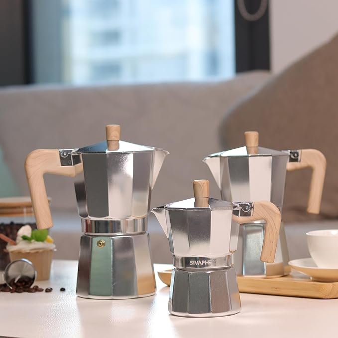 Sivaphe Aluminum Moka Pot 9 Espresso Cups, Percolator Espresso and Coffee Maker, Portable Stovetop Italian and Cuban Café Brewer for Home and Camping Sliver