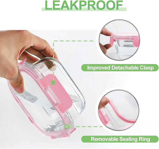 HOMBERKING Glass Food Storage Containers with Lids, [18 Piece] Glass Meal Prep Containers, Airtight Lunch Bento Boxes, BPA-Free & Leak Proof (9 lids & 9 Containers) - Pink