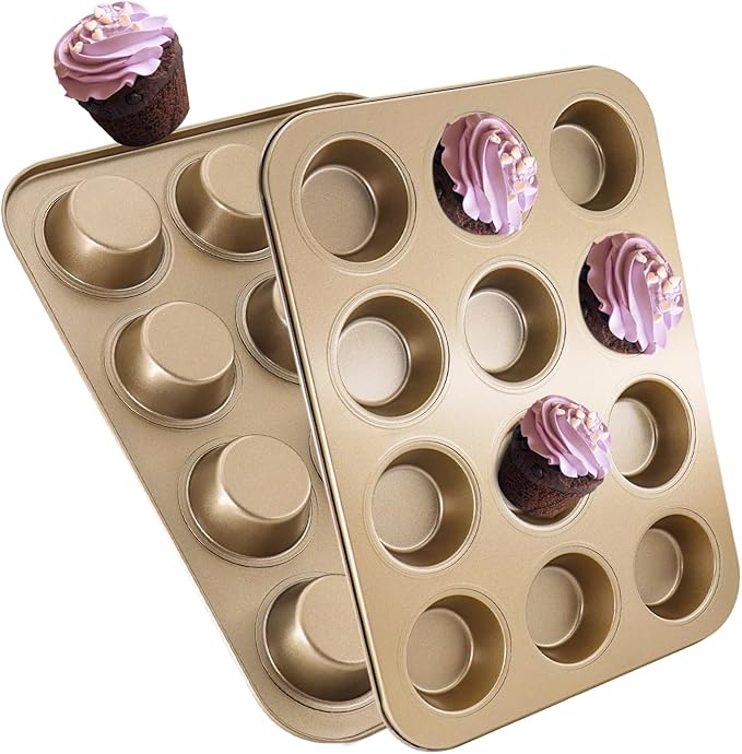 2 Pack Premium Nonstick Bakeware 12-Cup, Mini Muffin Pan, Dishwasher Oven Safe(Golden, 12 Cup (2 pcs)