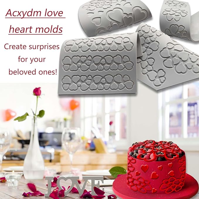 4PCS Heart Silicone Mold,Acxydm Heart Chocolate Molds Hearts Tuile Molds,Fondant Chocolate Molds Set with Love,3D Love Silicone Mold Candy Lace Silica Molds for Making Sugar Craft,Cupcakes