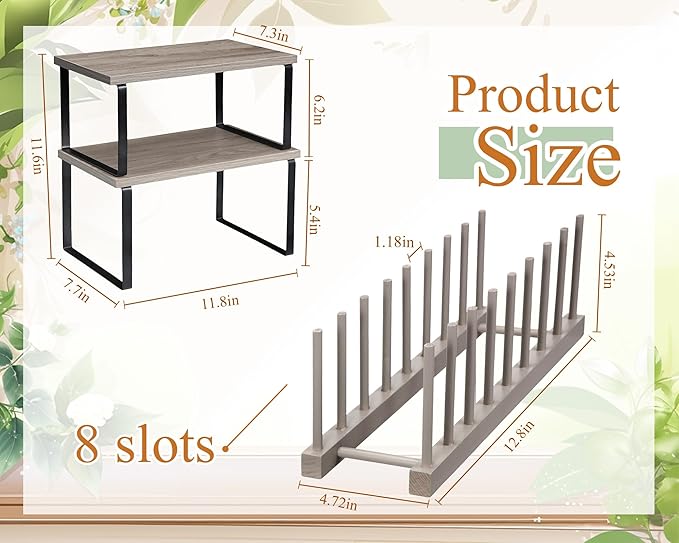 Marsui 4 Pcs Kitchen Organizer Accessories Set Cabinet Organizer Shelf and Bamboo Dish Drying Plate Rack Counter Shelves Storage Holder for Spice Rack, Dish, Pot Lid, Bowl, Cup (Gray)