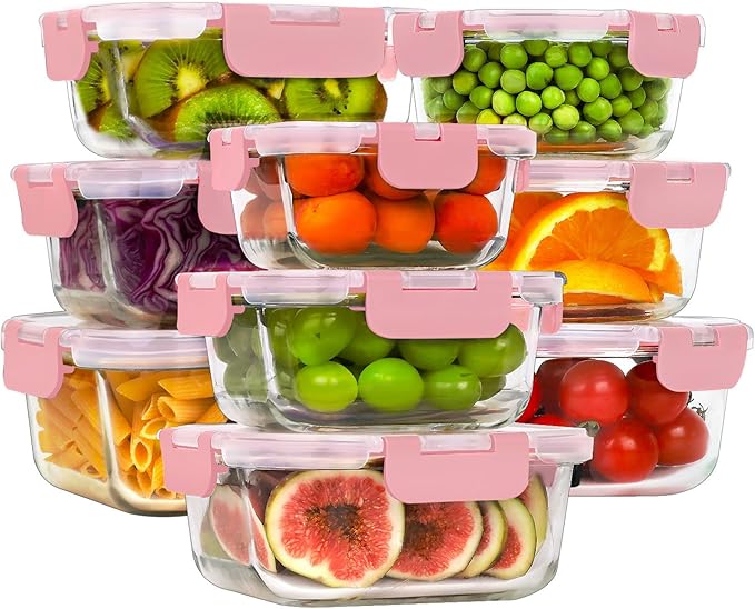HOMBERKING Glass Food Storage Containers with Lids, [18 Piece] Glass Meal Prep Containers, Airtight Lunch Bento Boxes, BPA-Free & Leak Proof (9 lids & 9 Containers) - Pink