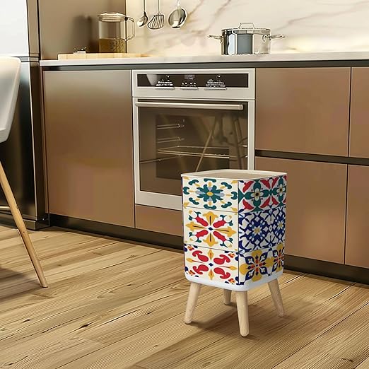 Small Trash Can with Lid Vintage tiles Traditional geometric ornate ceramic tiles seamless Wastebasket with Press Cover Dog Proof Garbage Can Waste Bin for Kitchen Bathroom Nursery 2.6 Gallon