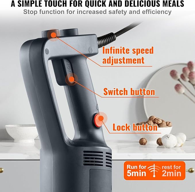 VEVOR 500W 12 Inch Heavy Duty Hand Mixer, Variable Speed Stick Mixer with 304 Stainless Steel Blade, Multi-Purpose Portable Mixer for Soup, Smoothie, Puree, Baby Food