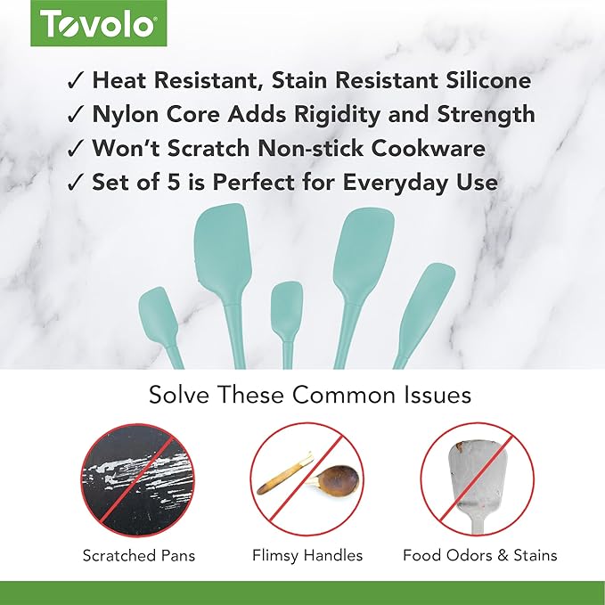 Tovolo Flex Core 5 Piece Silicone Spatula Set Heat Resistant All Silicone Utensils Include Non Stick Spatula Spoonula Jar Scraper, Dishwasher Safe Spatulas for Baking Mixing, Aqua Seafoam Green