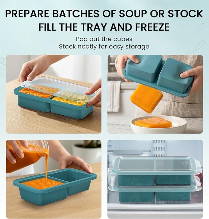 DOQAUS Silicone Freezer Molds, Reinforced Steel Frame 2-Cup Ice Cube Trays with Lid, 2 Pack 2-Cavity BPA-Free Soup Containers for Meal Prep, Kitchen