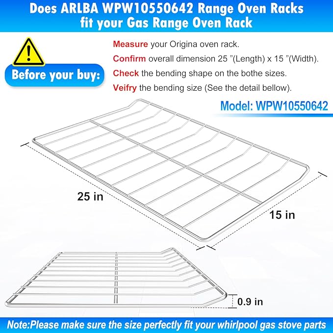 2x Upgraded 25"x15" WPW10550642 Oven Racks Replacement Compatible with Whirlpool Range Oven Shelf Stove Rack W10550642 EAP11756198 EAP11756198 304 Stainless Steel Oven Rack wfg320m0bs3 w/Oven Liner
