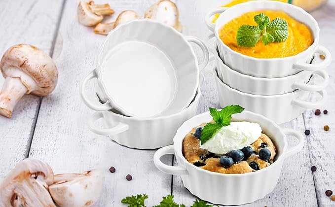 Foraineam 6 Pack Oven Safe Porcelain Souffle Dishes with Double Handles, 10 Ounce Round Mini Quiche Pan, Baking Pie Dish Ramekins For Pudding, Creme Brulee, Souffle