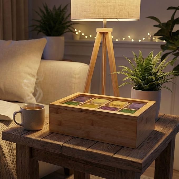 Acacia Wood and Bamboo Tea Bag Organizer - 4 & 8 Compartment Tea Box for Countertop - Tea Station & Coffee Bar Accessories - Fits Large & Craft Tea Bags (Bamboo, 8 Compartment)