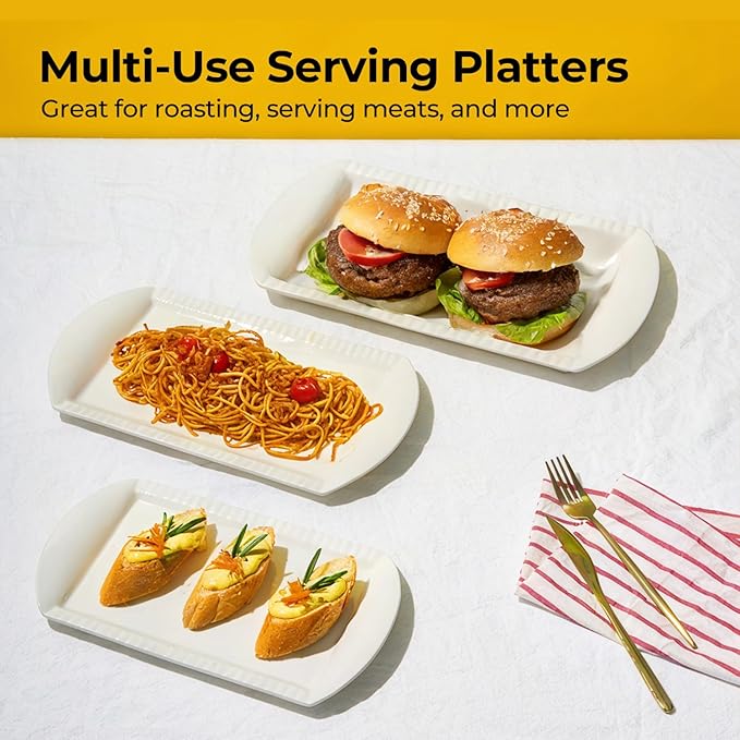 LIFVER Extra Large Serving Platters, 16"/14"/12" Ceramic Rectangle Serving Trays, Serving Dishes for Entertaining, White Platters for Serving Food Party, Turkey Platter for Thanksgiving, Set of 3