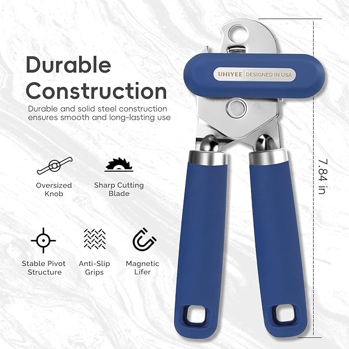 Can Opener Manual, UHIYEE Hand Held Manual Can Openers Heavy Duty with Smoother Cut Sharp Blade, Manual Hand Can Open with Soft Handle, Easy to Turn Knob, Magnetic Lid Lifter, Blue