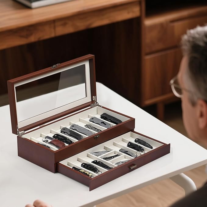 AUTOARK 2-Tier PU Leather & Velvet Knife Organizer with 17 Slots,Transparent Glass Top & Drawer,Compact Storage for Pocket Knives,Perfect for Men's Collections & Gifts,Brown,MKAW017