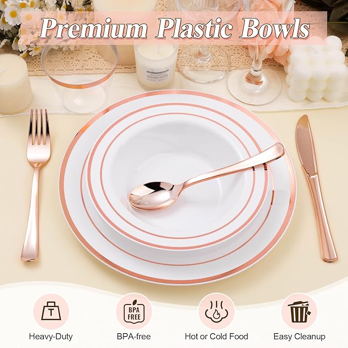100 Pack Disposable Soup Bowls with Rose Gold Rim, 12oz Premium Heavy Duty Plastic Dinner Bowls for Party, Wedding and Holiday