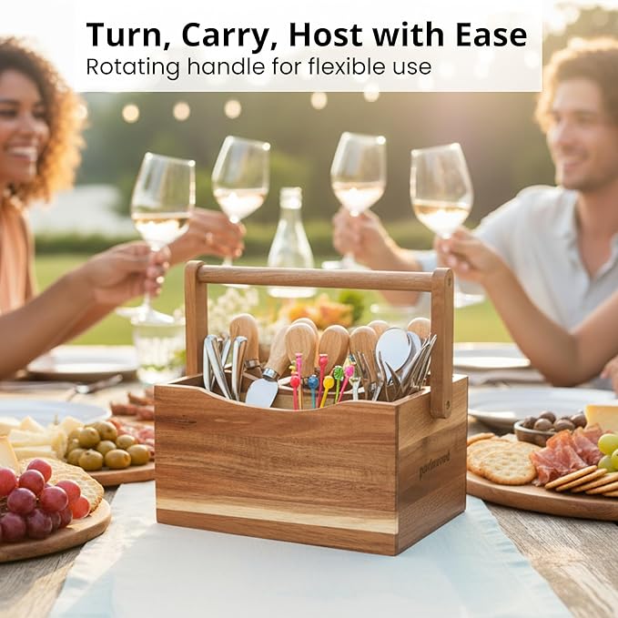 Utensil Caddy for Parties - Acacia Wood Silverware Caddy for Party Kitchen Countertop - Utensil Holder for Party Kitchen Counter - Cutlery Flatware Caddy Silverware Holder for Countertop Organizer