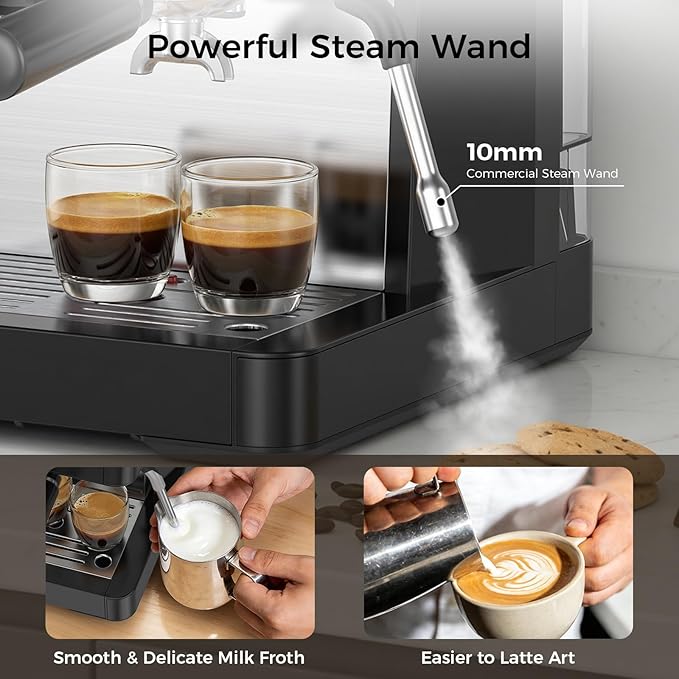 Kndko Espresso Machine with Grinder & Milk Frother, 20 Bar Espresso Coffee Machines with Removable Water Tank, Cappuccino & Latte Machine for Home, Black